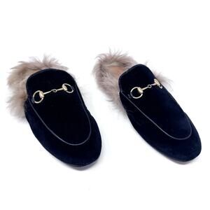 GUCCI Black Velevt Fur Lined Princetown Loafers Mules Horsebit Size EU 37 US 7